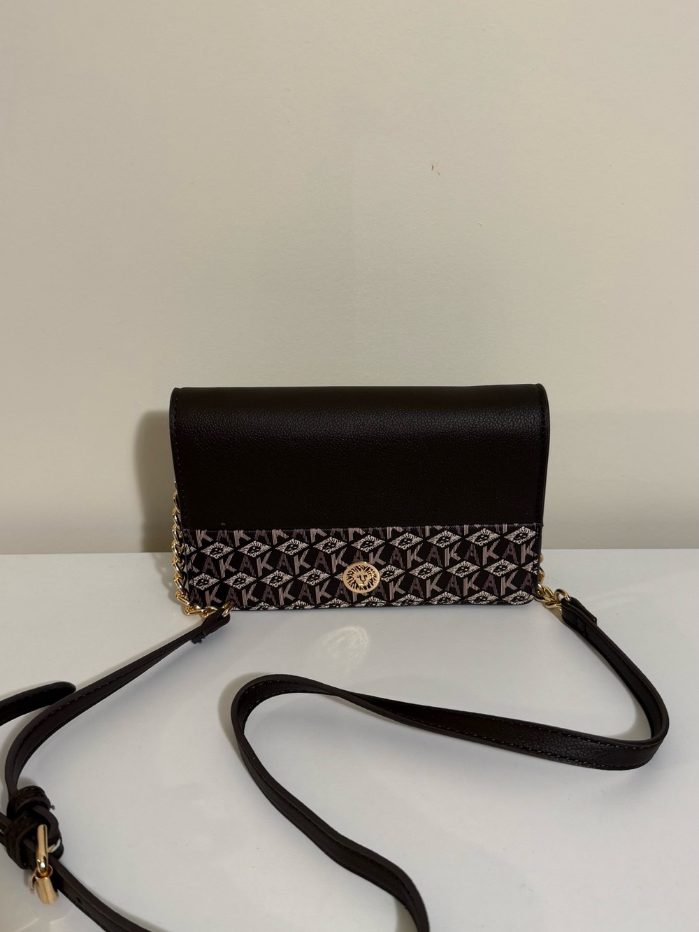 Brown Monogram Crossbody Bag with Gold Accent